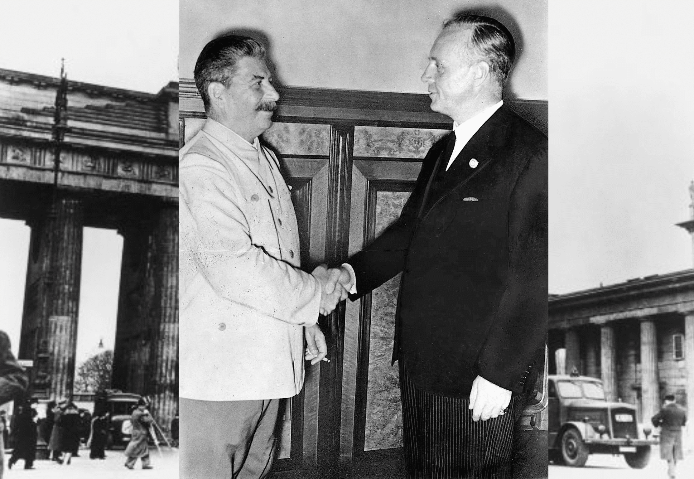 Staline et Ribbentrop se serrant la main après la signature du pacte au Kremlin de Moscou.
Wiki Commons