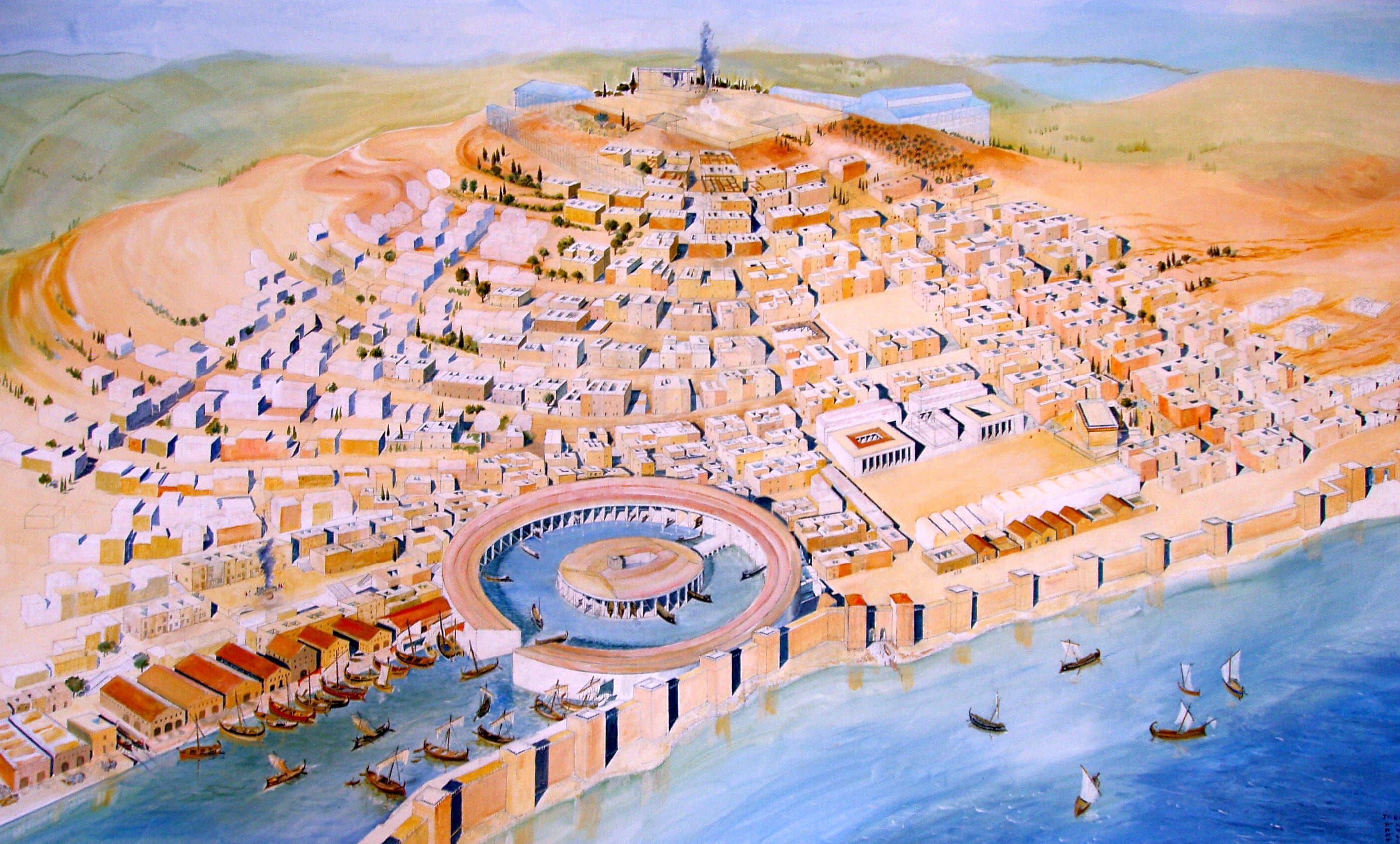 Reconstruction moderne de la Carthage punique. Le port circulaire à l'avant est le Cothon, le port militaire de Carthage, où tous les navires de guerre de Carthage (Biremes) étaient ancrés.
Wiki Commons