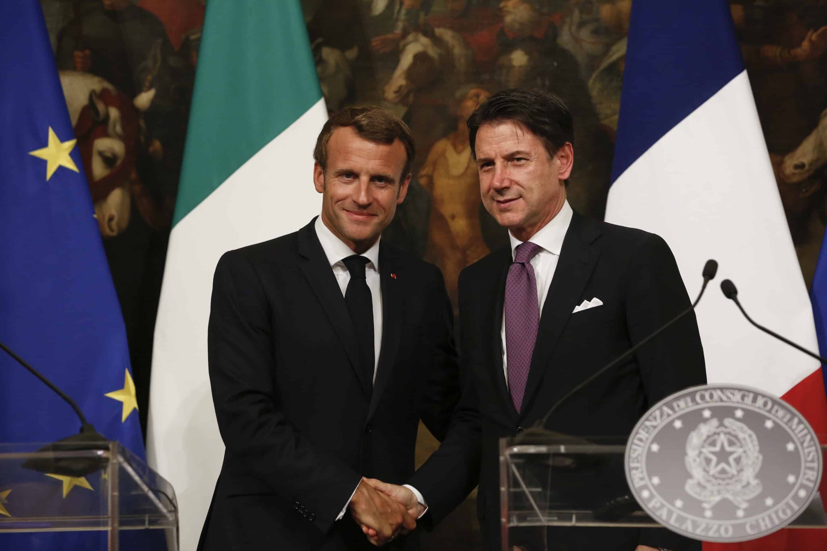 FILE - In this Wednesday, Sept. 18, 2019 file photo, French President Emmanuel Macron and Italian Premier Giuseppe Conte pose as they meet the media at Chigi Palace Premier office in Rome. (AP Photo/Domenico Stinellis, File)/XFP107/a3e6b3d1616546318f3a4f4f003072b7-d5909b692a7a42848eeb5b353a548473/Wednesday, Sept. 18, 2019 filer/2102150848