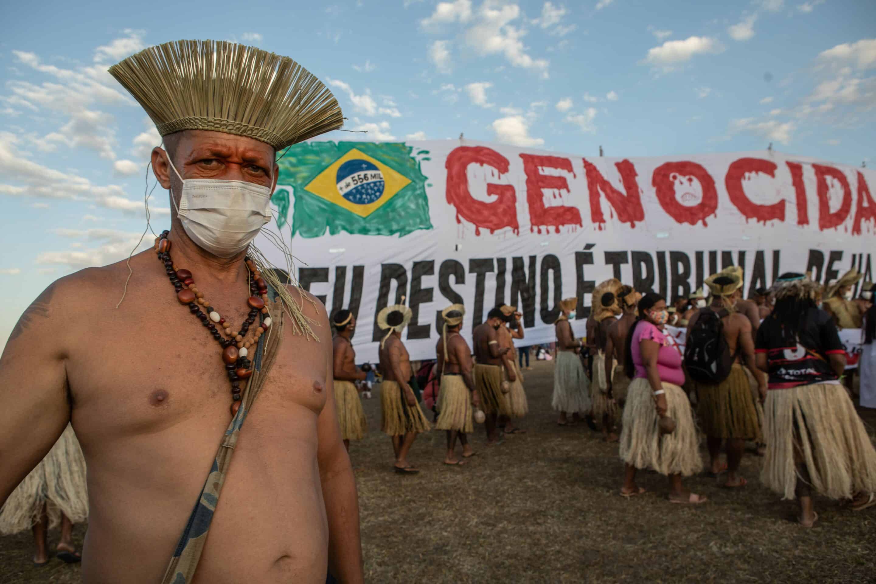 Les Indiens manifestent pour leurs terres à Brasilia. Credit:NICOLAS CORTES / ZEPPELIN/SIPA/2108251218