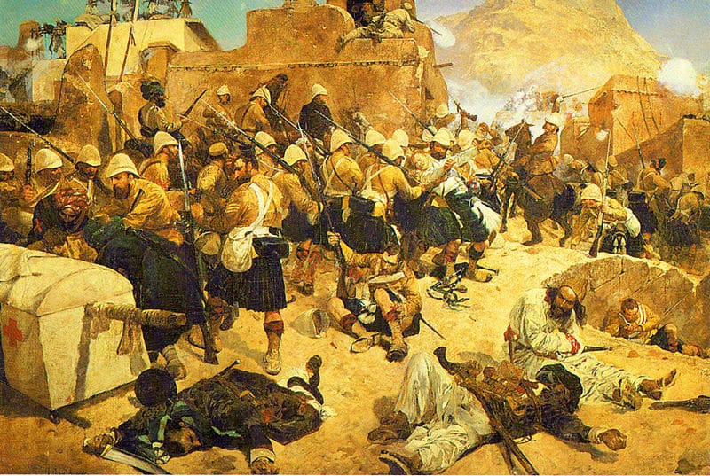 La bataille de Kandahar (1880) lors de la 2e guerre anglo-afghane, par Richard C Woodville. (c) wikipedia