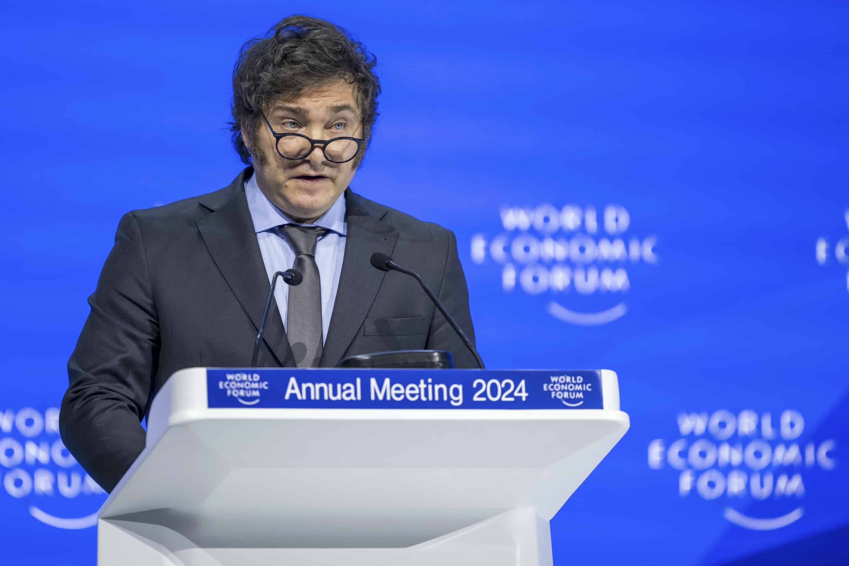 President of Argentina Javier Milei in Davos, Switzerland, Wednesday, Jan. 17, 2024. (Gian Ehrenzeller/Keystone via AP)/ELO101/24017545927899/MANDATORY CREDIT/2401171616