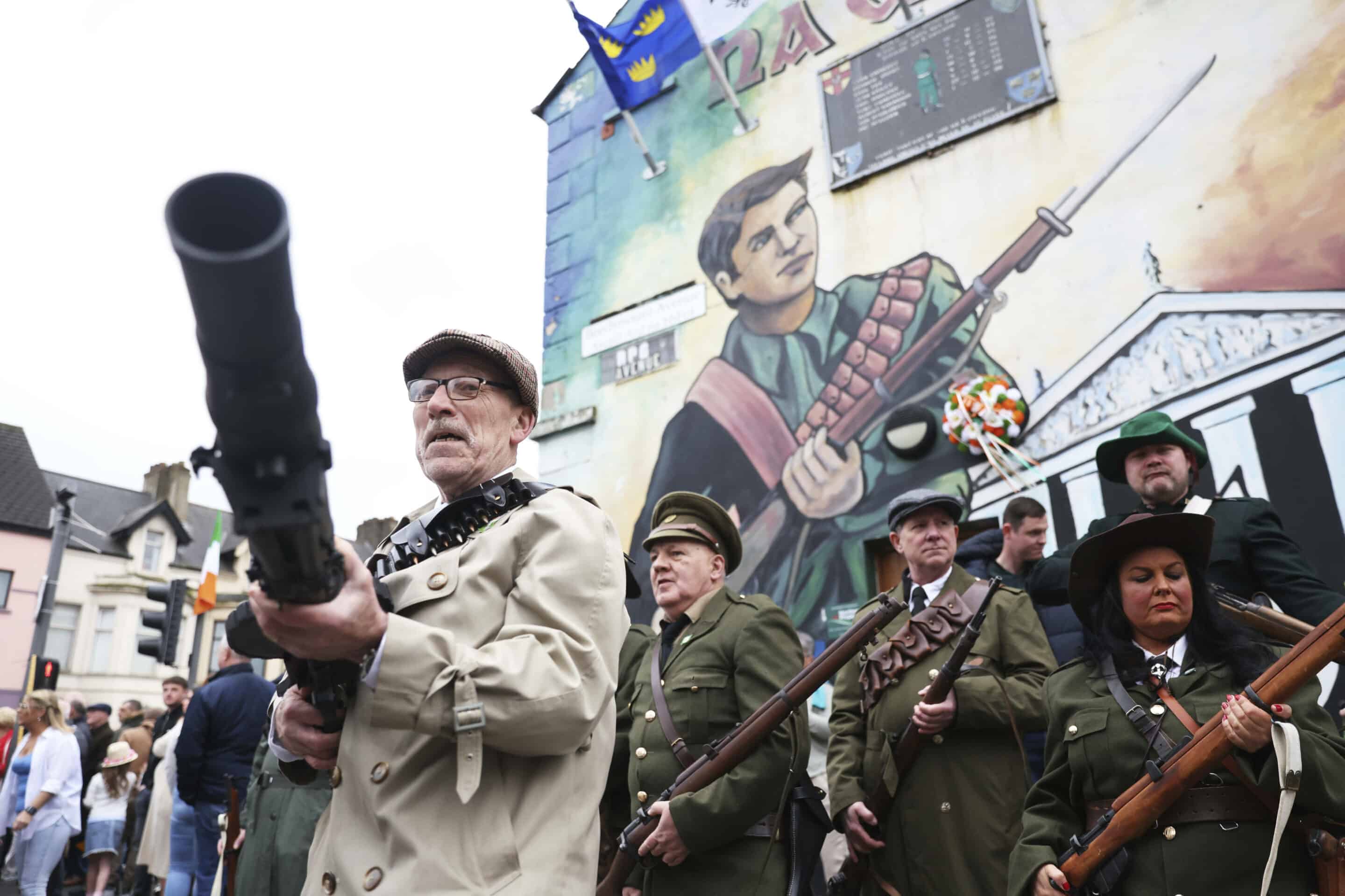 A Republican parade organised by Sinn Fein to mark the anniversary of the 1916 Easter Rising, in Belfast, Northern Ireland, Sunday April 9, 2023. (AP Photo/Peter Morrison)/XPM105/23099543046828-0//2304091712