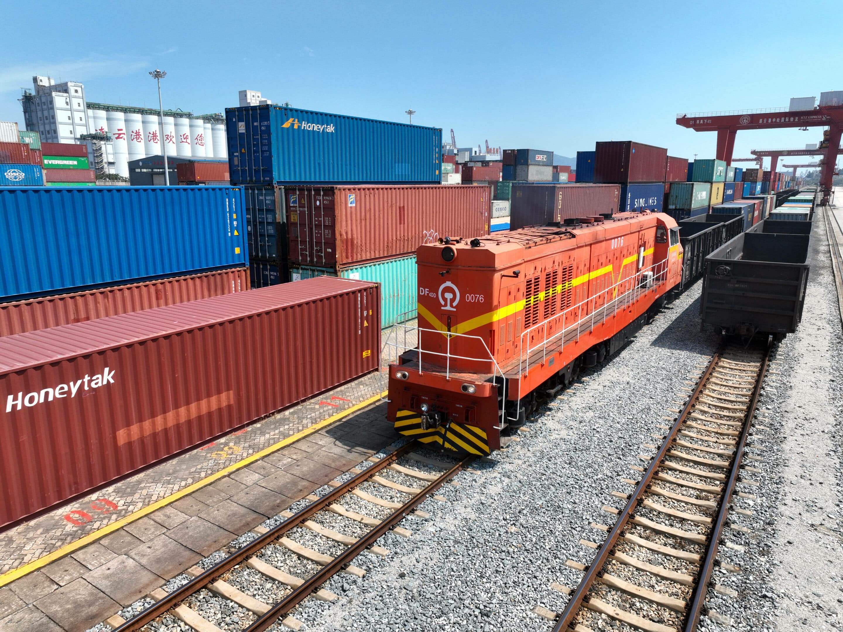 A China-Europe freight train loaded with containers prepares to depart at the operation area of the China-Kazakhstan. (Photo by CFOTO/Sipa USA)/47912853//2308240800