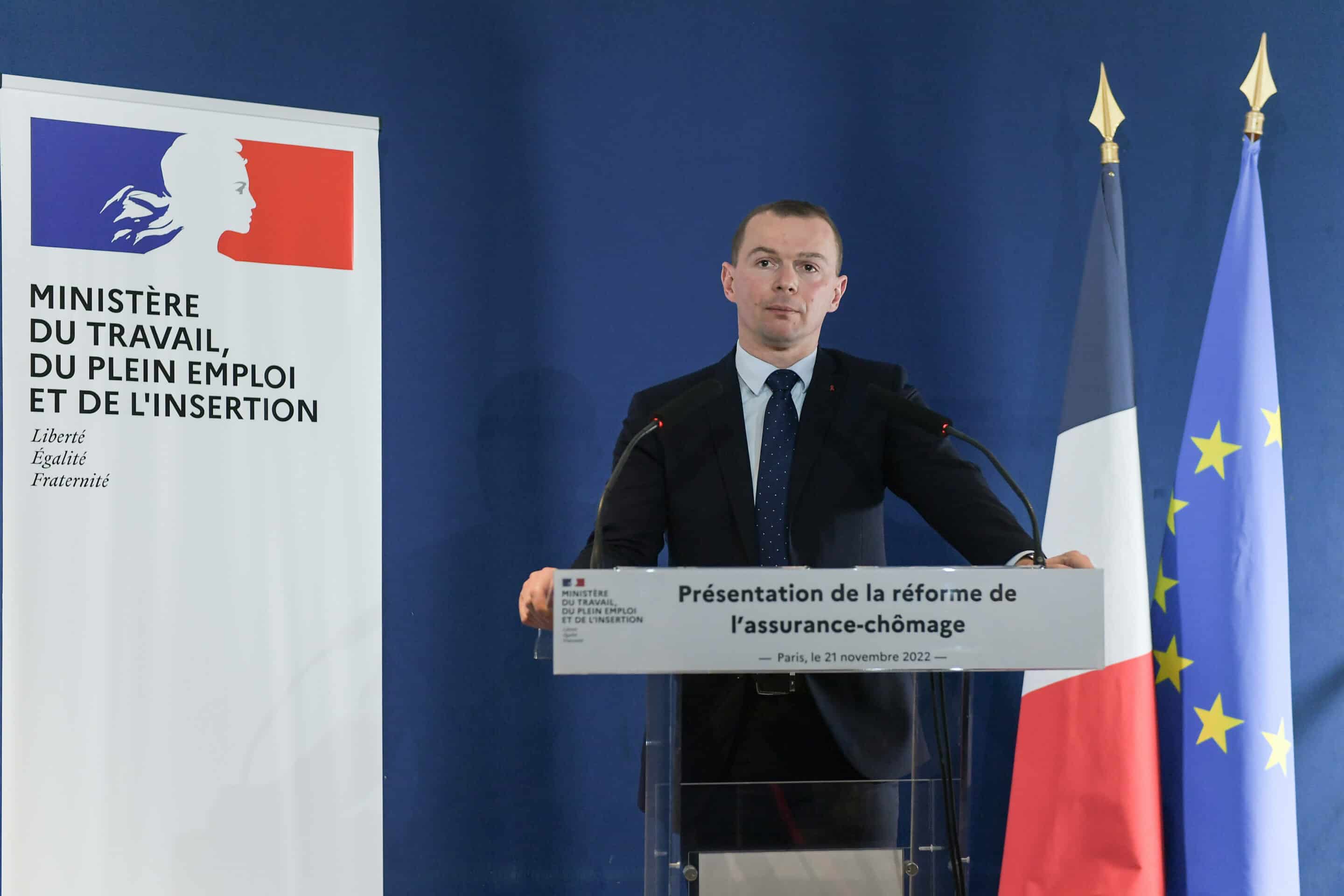 Conférence de presse de Olivier Dussopt, ex-ministre du Travail, du Plein emploi et de l'Insertion, sur la réforme de l'assurance-chômage. Paris, FRANCE - 21/11/2022             //04HARSIN_ODUSSOPTASSURANCECHOMAGE013/Credit:ISA HARSIN/SIPA/2211211332/Credit:ISA HARSIN/SIPA/2211211347