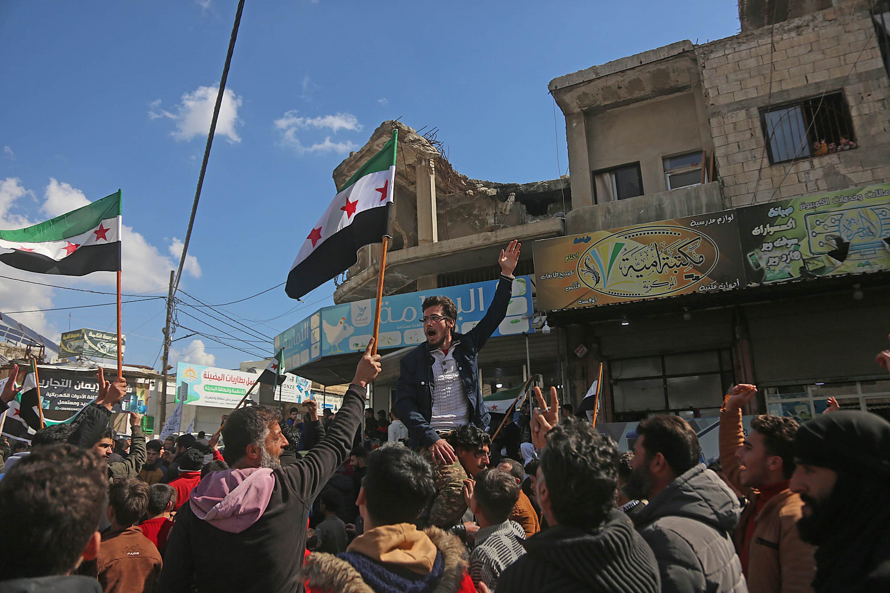 Manifestation contre Hayat Tahrir al-Sham au nord d'Idleb, le 8 mars 2024. //ALASAADASAAD_sipa.04514/Credit:ASAAD AL ASAAD/SIPA/2403081345