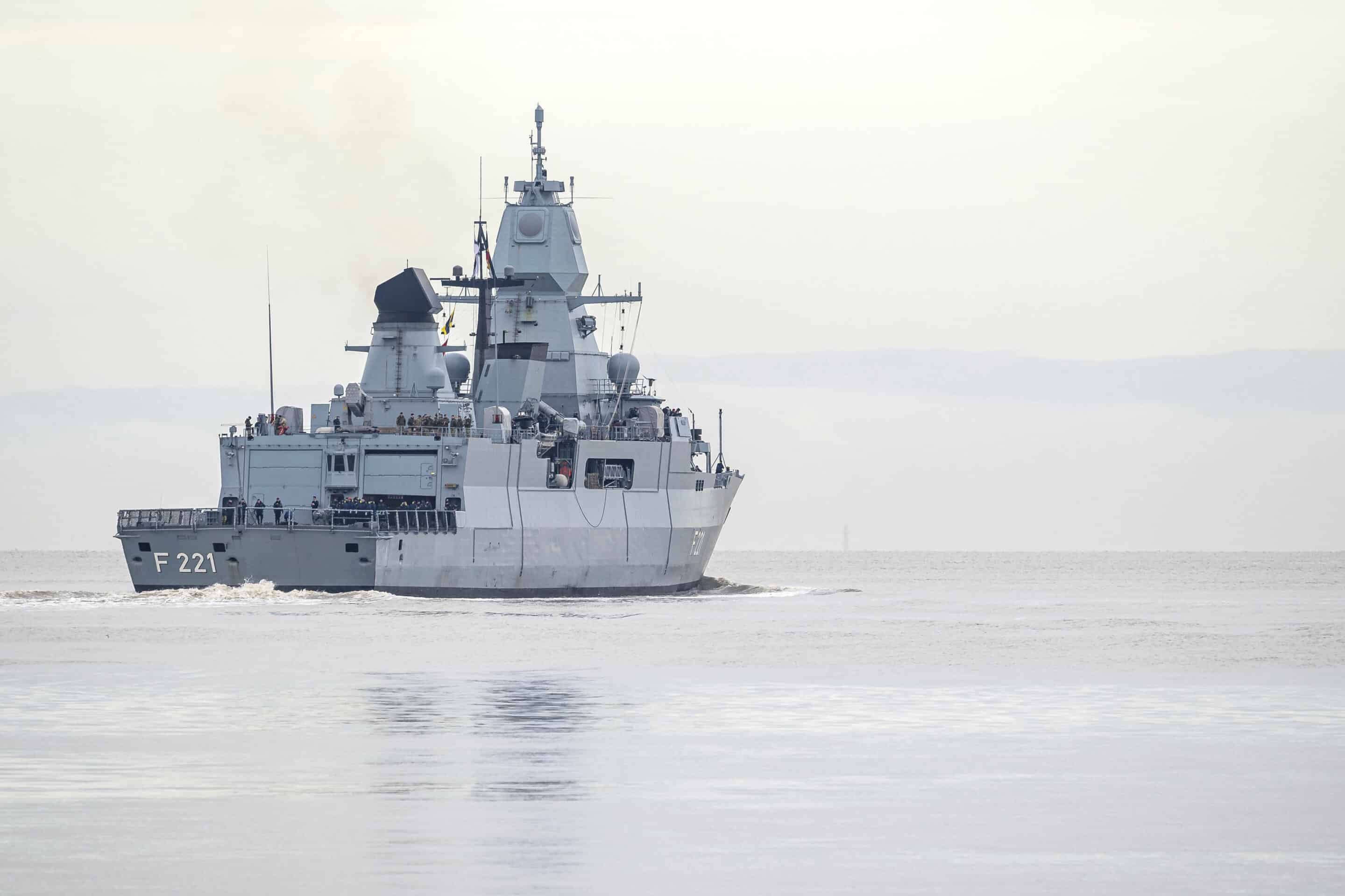The frigate "Hessen" leaves the port at Wilhelmshaven, Germany, Thursday, Feb. 8, 2024 for the Red Sea.  (Sina Schuldt/dpa via AP)/amb808/24039359943113/GERMANY OUT; MANDATORY CREDIT/2402081126