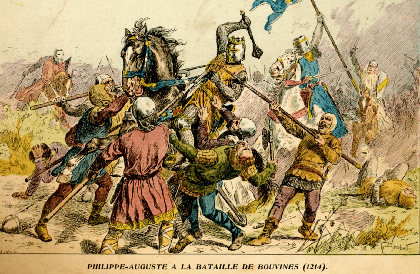 « Philippe Auguste à la bataille de Bouvines (1214) », illustration de Henri Grobet, 1902. (C) Wikipedia