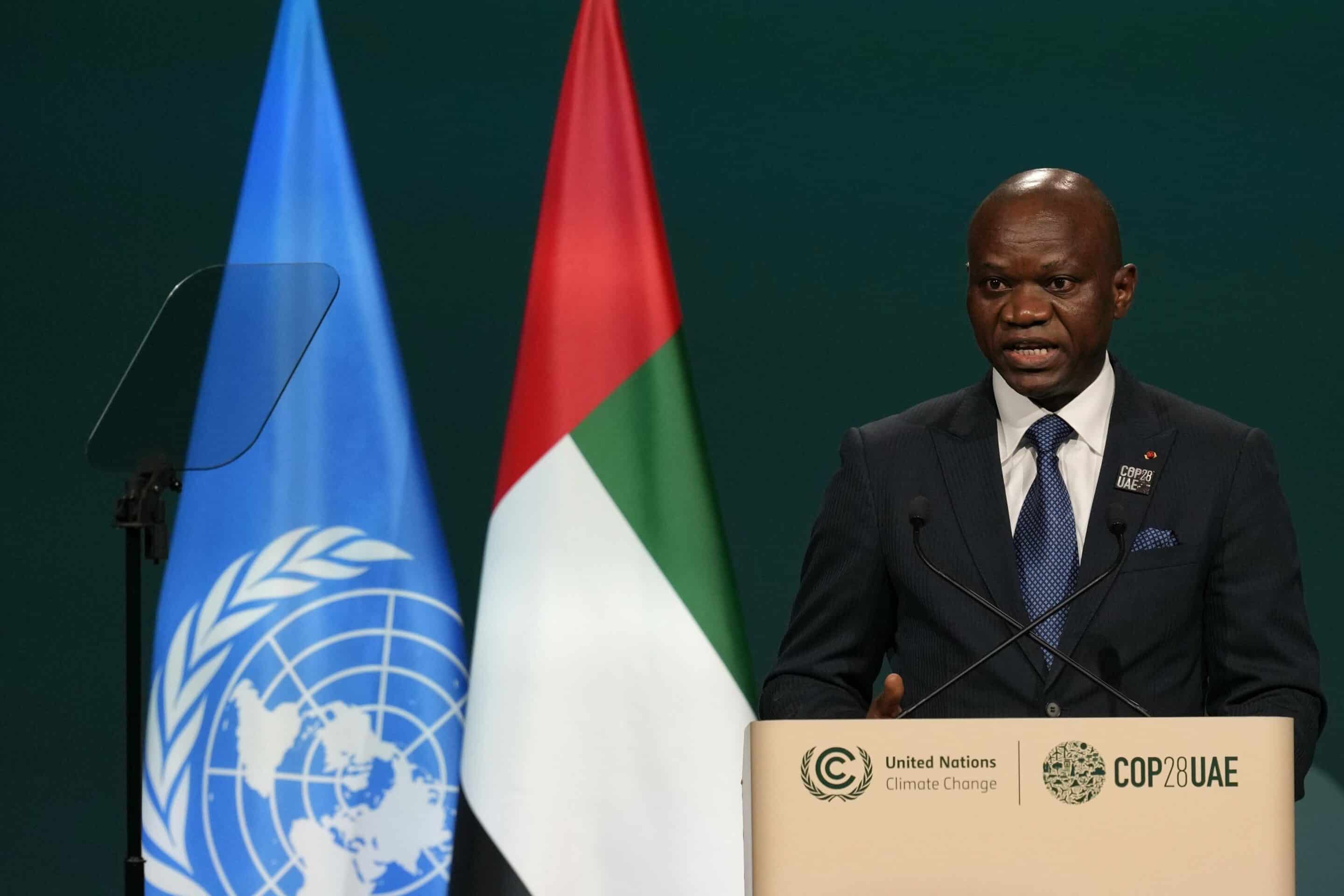 Gabon President Brice Clotaire Oligui Nguema speaks during a plenary session at the COP28 Dec. 1, 2023, in Dubai, United Arab Emirates. (AP Photo/Rafiq Maqbool)/COP206/23335421492611//2312011250